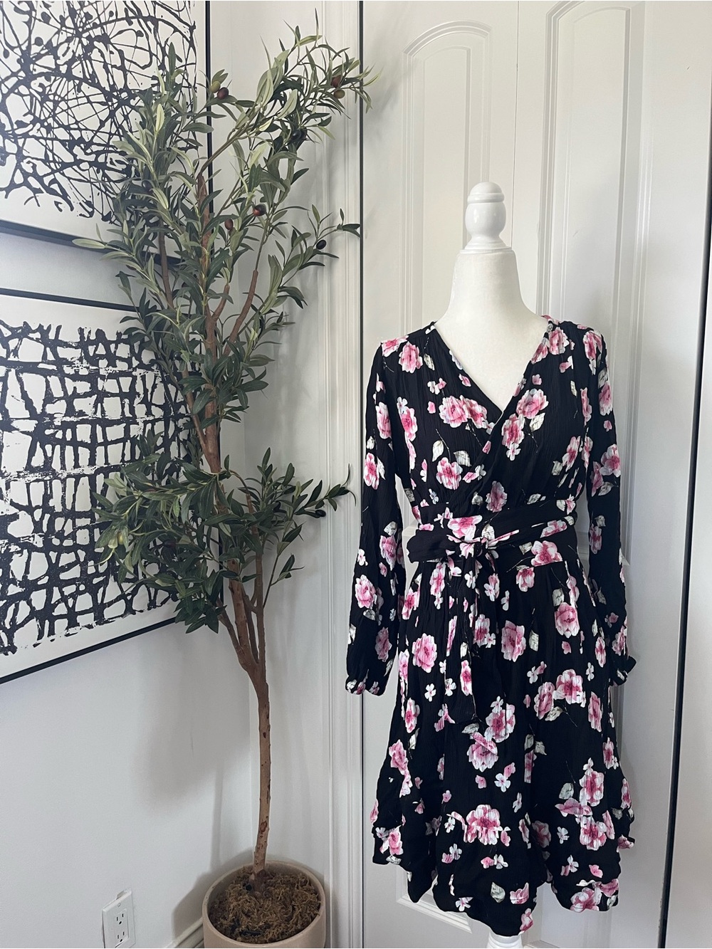 SHEIN Black Long Sleeve Floral Wrap Dress with Pink Flowers